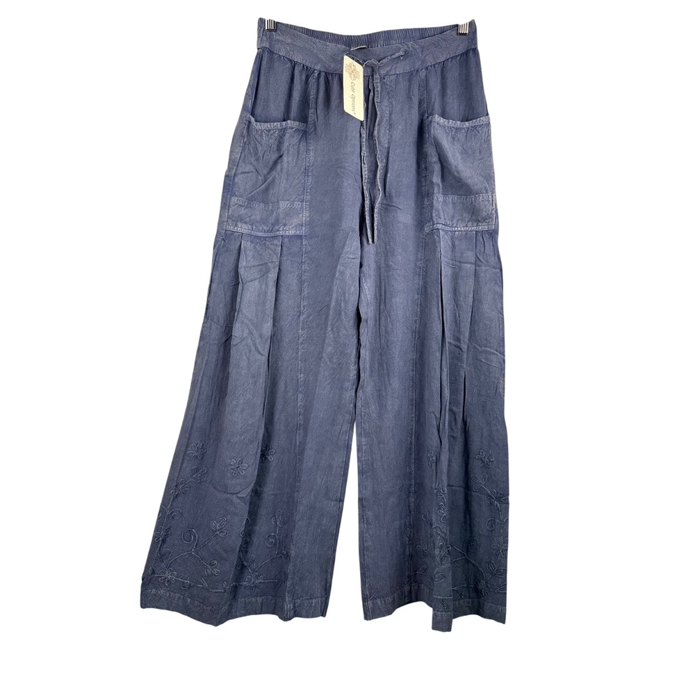 Cute Options mineral wash cropped Wide Leg Blue Embroidered‎ Rayon Boho sz OS